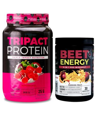 Nutrology TRIPACT Protein Powder 7-in-1 Meal Replacement Shake Superberry (40 Servings) Beet Natural O2 Pre Workout Powder Passion Fruit Flavor (30 Servings)