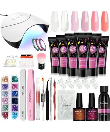 Poly Nail Gel Kit with Nail Lamp Phoenixy Poly Extension Gel Nail Set 6 Colours with Slip Solution Gel Nail Starter Full Kit Builder Nail Gel Gifts Set for Women