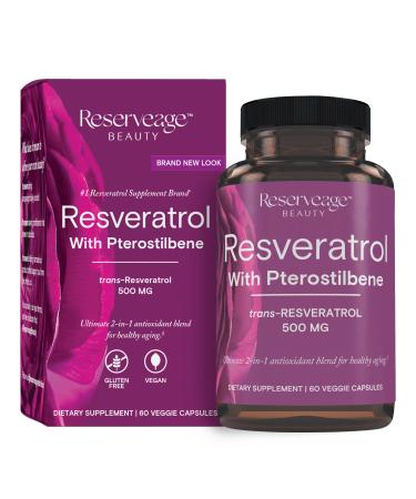 Reserveage, Resveratrol 500 mg with Pterostilbene, Antioxidant Supplement for Cardiovascular and Cellular Health, Supports Healthy Aging, Paleo, Keto, 60 Capsules (60 Servings)