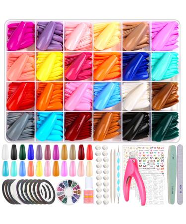 Qinzave 24 Colors Long Coffin Full Cover Press On Nails Tips 576PCS Long Press On Nails with Rhinestones  Adhesive Nail Striping Tapes  Nail Stickers  Long Press On Coffin Fake Nails with Nail Glue