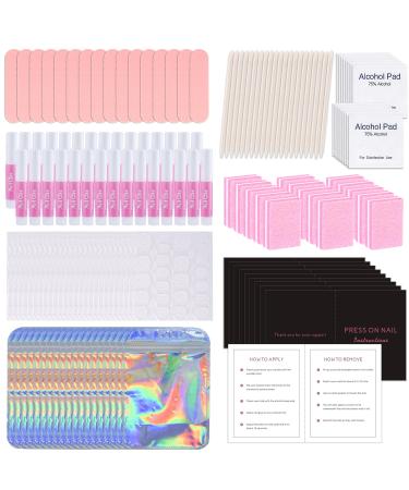 50 Set Press On Nail Tool Prep Kit for Nail Salon Business Disposable Manicure Kit with Nail File Buffer Nail Glue Prep Pad Instruction Card Adhesive Nail Tabs Wood Stick Holographic Bag (A)