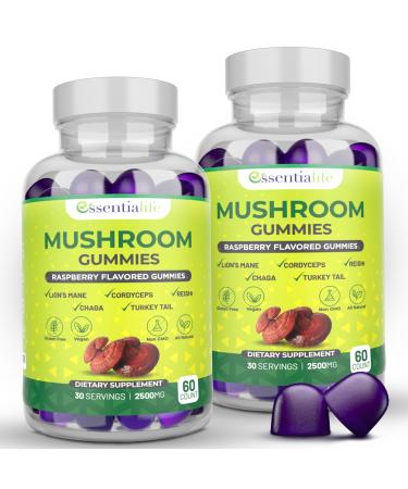Mushroom Gummies Lions Mane Supplement Mushroom Supplement with Lions Mane Turkey Tail Cordyceps Reishi Chaga Extract | Brain Health and Immune Support Gummies 120 Count 60 Count (Pack of 2)