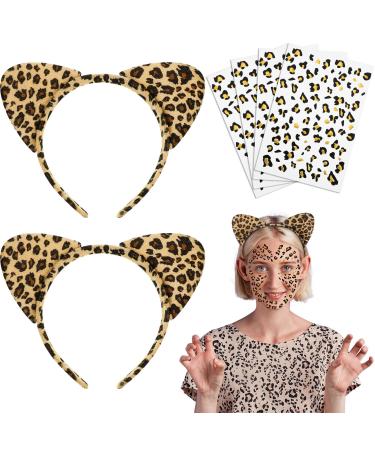 6 Pcs Cheetah Ears Headband with Gold Print Temporary Tattoos  2 Pcs Leopard Headband and 4 Sheet Leopard Print Removable Temporary Tattoo for Face Halloween Cosplay Costume Accessories Party Favor
