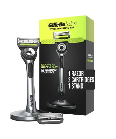 Gillette Mens Razor with Exfoliating Bar by GilletteLabs, Shaving Kit for Men, Includes 1 Handle, 2 Razor Blade Refills, 1 Premium Magnetic Stand 1 Handle + 2 Refills