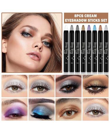 CAHIUYOA 8PCS Shimmer Eyeshadow Stick Set - Soft Cream Glitter Eye Shadow Pencils in Pearl White Black Gray Silver Khaki Purple Blue Golden Brown for Flawless Eye Makeup - Buy Online on GoSupps.com