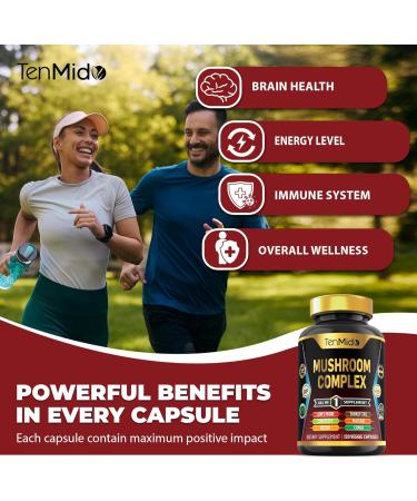 Tenmido Mushroom Complex Supplement - 13in1 Formula - Blend Lion's Mane Mushroom Cordyceps Sinensis Reishi Turkey Tail Maitake Chaga Shiitake Enoki & More - 120 Capsules for 4 Months Supply - Buy Online on GoSupps.com