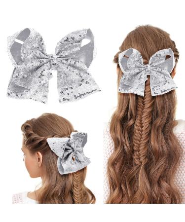 Sibba 1 PC Hair Bow 8 Inches Big Clip Sequin Oversize Sequined Barrettes Glitter Layered Pigtail Holder For Little Girls Kids Women Sweet Accessories(silver)