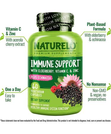 NATURELO Immune Support with Vitamin C, Elderberry, Zinc, Echinacea - 60 Vegan Capsules | Natural Immunity Boost and Antioxidant Defense - Buy Online on GoSupps.com