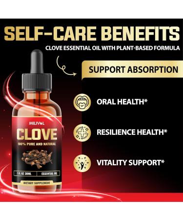 MILIVOL Clove Oil for Teeth and Gums- 10% Pure Natural Clove Essential Oil for Toothache, Sore Muscles, Skin & Hair Care - Soothing Clove Bud Essential Oil - 1Fl Oz - Buy Online on GoSupps.com