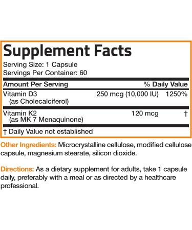 Buy Bronson Vitamin K2 (MK7) & D3 Extra Strength 10 000 IU - Non-GMO Bone Health Supplement | 60 Easy to Swallow Capsules - Buy Online on GoSupps.com