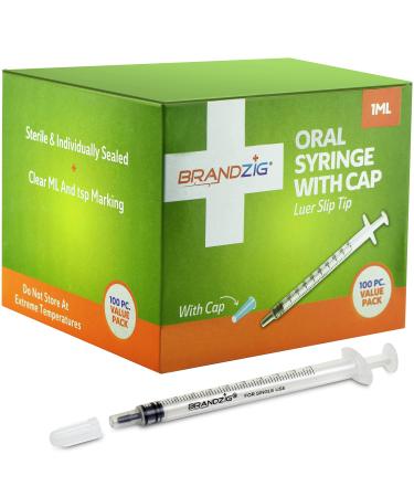 1ml Syringe with Cap (100 Pack) | Oral Dispenser Without Needle, Luer Slip Tip, | Individually Wrapped Medicine Dropper for Infants & Pets