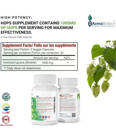 AzmaBiotech Hops Sleep Aid for Adults 1000mg 60 Vegan Capsules Natural Sleep Supplement to Promote Relaxation & Restful Sleep Non-GMO Gluten-Free 30-Day Supply Made in Canada - Buy Online on GoSupps.com