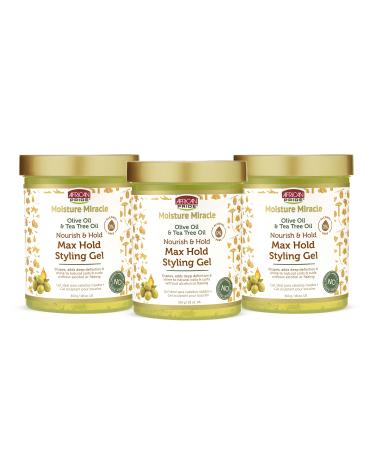 African Pride Moisture Miracle Olive & Tea Tree Oil Max Hold Styling Hair Gel (3 Pack) For Natural Coils & Curls 18 oz