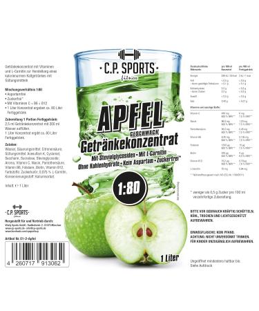 C.P.Sports Sugar-Free Drink Concentrate 1:80 - 80L Fitness Beverage Syrup with L-Carnitine & Vitamins | Apple Flavor + Dosing Pump - Buy Online on GoSupps.com