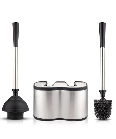 Umien Toilet Brush and Plunger Set - Stainless Steel Plunger and Toilet Brush Combo with Freestanding Canister - Modern and Sleek Bathroom Cleaning Accessories