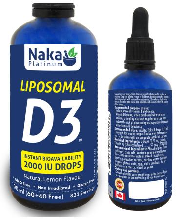 Naka Platinum Liposomal Vitamin D3 INSTANT BIOAVAILABILITY 2000 IU DROPS Natural Lemon Flavour Made in Canada (100ml)