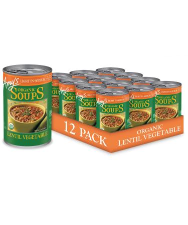 Amy's Soup, Vegan, Gluten Free, Organic Lentil Vegetable (Potatoes, Carrots and Spinach) Light in Sodium, 14.5 oz (Pack of 12) Lentil (Light in Sodium) 14.5 Ounce (Pack of 12)