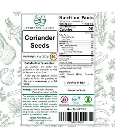 Spices Village Whole Coriander Seeds (8 oz) - All Natural Indian Spice for Cooking, Pickling, BBQ - Kosher, Gluten Free, Non GMO - KETO Friendly - Buy Online on GoSupps.com