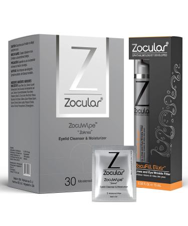 Zocular Zocuwipe Eyelid Wipes with Okra Complex - Eyelid Cleanser and Moisturizer Pads 30ct + Zocufill Elixir Eye Gel and Face Serum