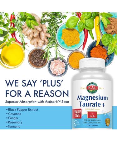 KAL Magnesium Taurate 400mg + CoEnzyme B6 | Chelated Supplement for Muscle & Heart Health | Gluten-Free, Vegan | 120 Count - 60-Day Guarantee - Buy Online on GoSupps.com