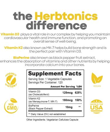 Immune System Support Vitamin K2 (MK7) + D3 5000 IU with Bioperine | 120 Vegetarian Capsules | Strong Bones & Heart Health | Tiny Easy-to-Swallow Formula - Buy Online on GoSupps.com