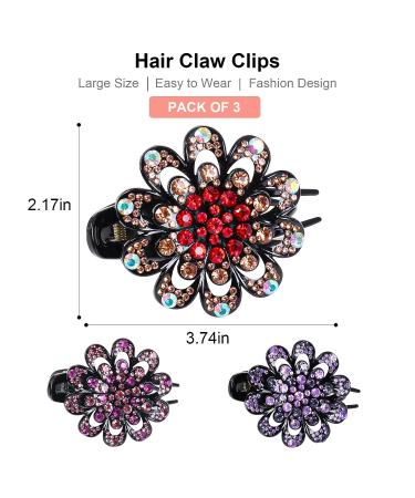 WYCHUN 3PCS French Curved Duckbill Hair Clips - Flower Rhinestone Barrettes for Women | Multi-colored - Buy Online on GoSupps.com