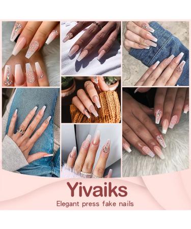 Yivaiks 24pcs Handmade Glitter Gradient Pink Press on Nails with Crystal Gem Design - Medium Length Ballerina Coffin Fake Nails for Banquets and Parties | Jelly Glue Acrylic Nails (GD-004) - Buy Online on GoSupps.com