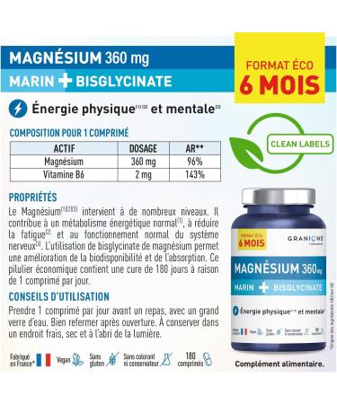 GRANIONS - Magnesium Bisglycinate + Marine Magnesium - 6 MONTH FORMAT | Marine Magnesium + Magnesium Bisglycinate + Vitamin B6 - Buy Online on GoSupps.com