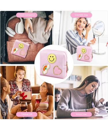 Preppy Patch Period Bag for Teen Girls | PU Leather Sanitary Napkin Storage Pouch with Zipper | Menstrual Cup & Tampon Organizer in Pink - Buy Online on GoSupps.com