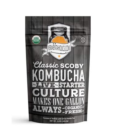 Fermentaholics ORGANIC Kombucha SCOBY With Twelve Ounces of Starter Tea - Live Starter Culture - Makes A One Gallon Batch - 1.5 Cups of Strong Mature Starter Tea - Brew Your Own Kombucha