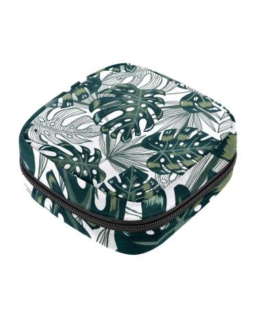 Menstrual Pad Bag with Zipper Ladies Napkin Pouch Tampons Collection Bag for Women and Girls (Monstera Leaves)