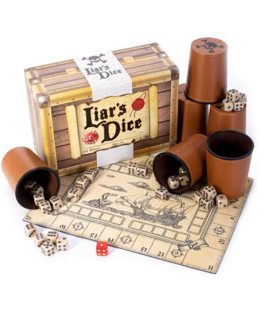 Brybelly Liar's Dice Game Set - Classic Family Bluffing Game - Treasure Chest Includes Six Professional Bicast Leather Dice Cups, 30 Custom Bullseye D6 Dice, Custom Bidding Die, Pirate Ship Game Mat