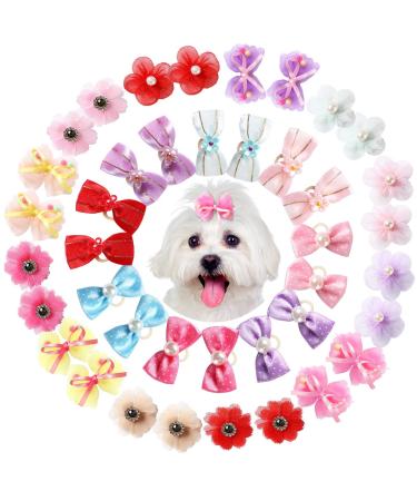40 Pieces Dog Bows Cute Puppy Dog Bowknot Hair Bows Handmade Hair Accessories Bow with Rubber Bands Lace Organza Puppy Bows Rhinestone Pearls Dog Hair Ties Multicolor Dog Hair Grooming Accessories