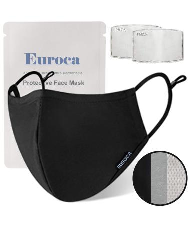 Euroca 3 Layers Face Masks Reusable Washable Breathable Made from Cotton Fabric With Nose Clip for Adult Black