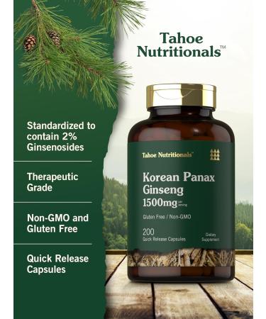 Tahoe Nutritionals Korean Panax Ginseng Extract 1500 mg | 200 Capsules | Supplement for Men & Women | Non-GMO and Gluten Free - Buy Online on GoSupps.com