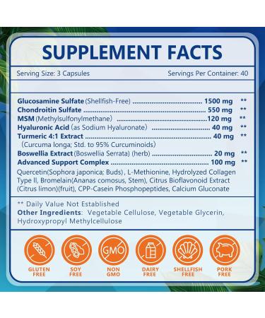 NATURE TARGET Glucosamine Chondroitin MSM Joint Support Supplement Shellfish Free Turmeric Boswellia Hyaluronic Acid Collagen Calium for Cartilage and Bone Health 120 Capsules 40 Servings - Buy Online on GoSupps.com