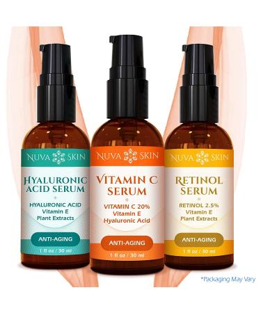 NUVA SKIN Anti Aging Serum Set - Vitamin C, Retinol, Hyaluronic Acid - 3 Pack Face Serum for Women and Men - Skin Care Regimen - 1 Fl Oz - Buy Online on GoSupps.com