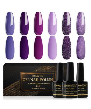 Shining She Nail Polishes Set 6 Colours Purple Wisteria Rose Purple Polish Set Soak-Off UV/LED Blue Series Nail Polish Gel Gift for Nail Art Salon DIY Home 8ML