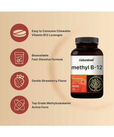NatureBell Ultra Strength Vitamin B12 5000mcg 180 Lozenges | Fast Dissolve Methylcobalamin Chewable with Strawberry Flavor | Boosts Energy Metabolism | Vegan & Non-GMO - Buy Online on GoSupps.com