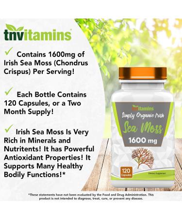 tnvitamins Organic Irish Sea Moss: 1600mg - 120 Capsules | Two Month Supplt Simply Organic Sea Moss Powder Capsules are Highly Potent and Absorbable! | Non-GMO | Made in The USA! 120 Count (Pack of 1) - Buy Online on GoSupps.com