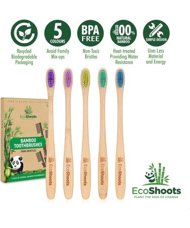 EcoShoots Adults Bamboo Toothbrushes with Firm Bristles | Family Pack of 5 Natural Bamboo Toothbrush | Eco-Friendly Natural Wooden Toothbrush | Organic Biodegradable Handle | BPA Free Tooth Brushes Firm 5 Pack - Buy Online on GoSupps.com