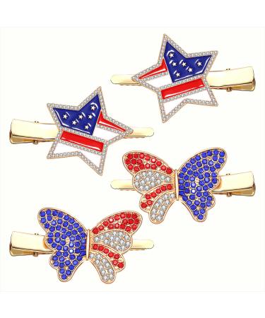 4th of July Patriotic Hair Clips Rhinestone American Flag Star Heart Bows Alligator Metal Clips Crystal Red White and Blue USA Independence Day Hairpins Hair Accessories for Women Girl A:full rhinestone star