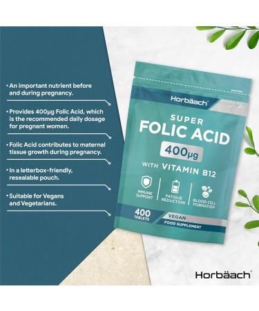 Folic Acid Pregnancy 400mcg with Vitamin B12 | 13 Months | 400 Vegan Tablets | Immune System Supplement - Buy Online on GoSupps.com