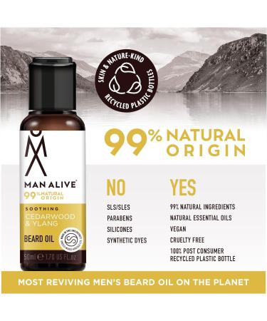 Man Alive Beard Oil - 99% Natural Skincare 50ml with Oatmeal, Argan, Jojoba, and Almond Oil | Softens Facial Hair, Men's Gift, Birthday Gift for Him (Cedarwood & Ylang) - Buy Online on GoSupps.com