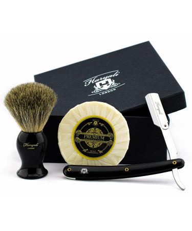 Haryali London Shaving Kit - 3 Pc Shaving Kit - Cut Throat Razor - Super Badger Hair Shaving Brush - Shaving Soap - Unique Shaving Set as a Gift Set - Black Color