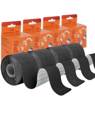 VKI Kinesiology Tape 4 Rolls - 65.6 FT 80 Precut Strips Water Resistant Elastic Cotton Athletic Tape Hypoallergenic Sport Tape Roll for Joint Support & Muscle Pain Relief (Black)
