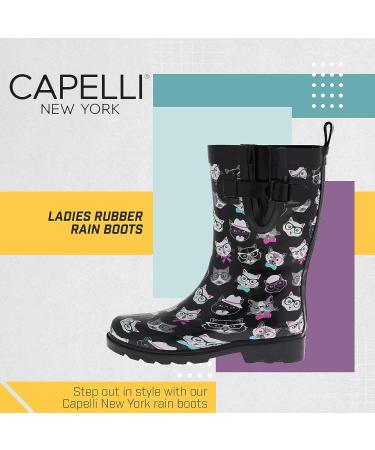 Capelli New York Women's Mid-Calf Rubber Rain Boots - Black Kitty (Size 8) - Buy Online on GoSupps.com