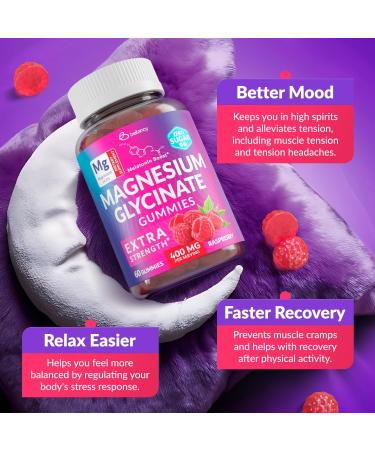 Magnesium Glycinate Gummies 400mg, Muscle Support and Relaxation, Magnesium Supplement for Women, Men and Kids, High Absorption, Sugar Free, Vegan, 60 Days Supply, Raspberry Flavor - Buy Online on GoSupps.com