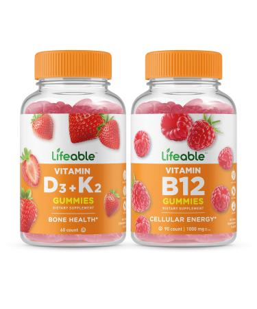 Lifeable Vitamin D3 + Vitamin K2 + Vitamin B12 Gummies Bundle - Great Tasting Vitamin Supplement Gluten Free GMO Free Chewable Gummy