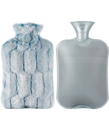 Luxury Faux Fur Cover Hot Water Bottle 2L - Soothing Relief for Hand, Feet, Neck, Shoulder Pain - Blue - Buy Online on GoSupps.com